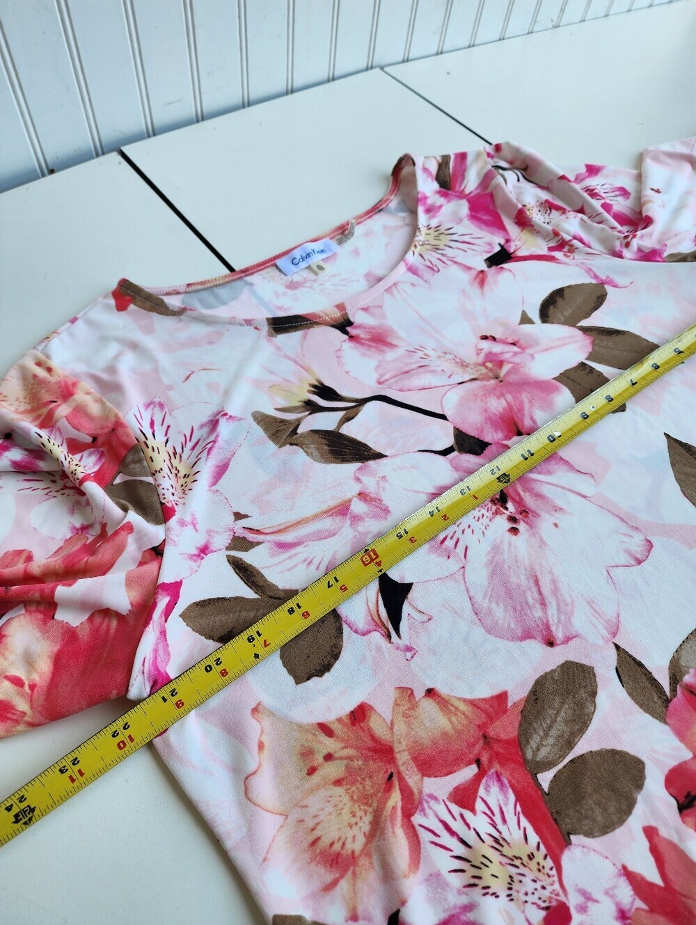 Calvin Klein White Pink Floral Rose Bell Flare Sleeve Women's Blouse Stretch XL - Picture 9 of 12